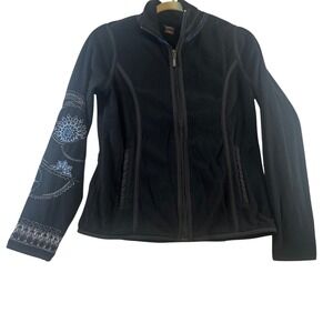 Eddie Bauer Black Fleece Jacket Embroidered Sleeve Full Zip Women's Size Small